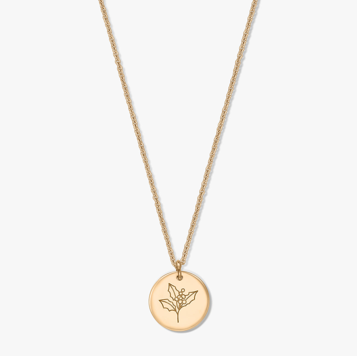 Collana in argento sterling placcato oro con ciondolo a disco rotondo inciso con motivo di agrifoglio (fiore del mese di dicembre) su sfondo bianco.
