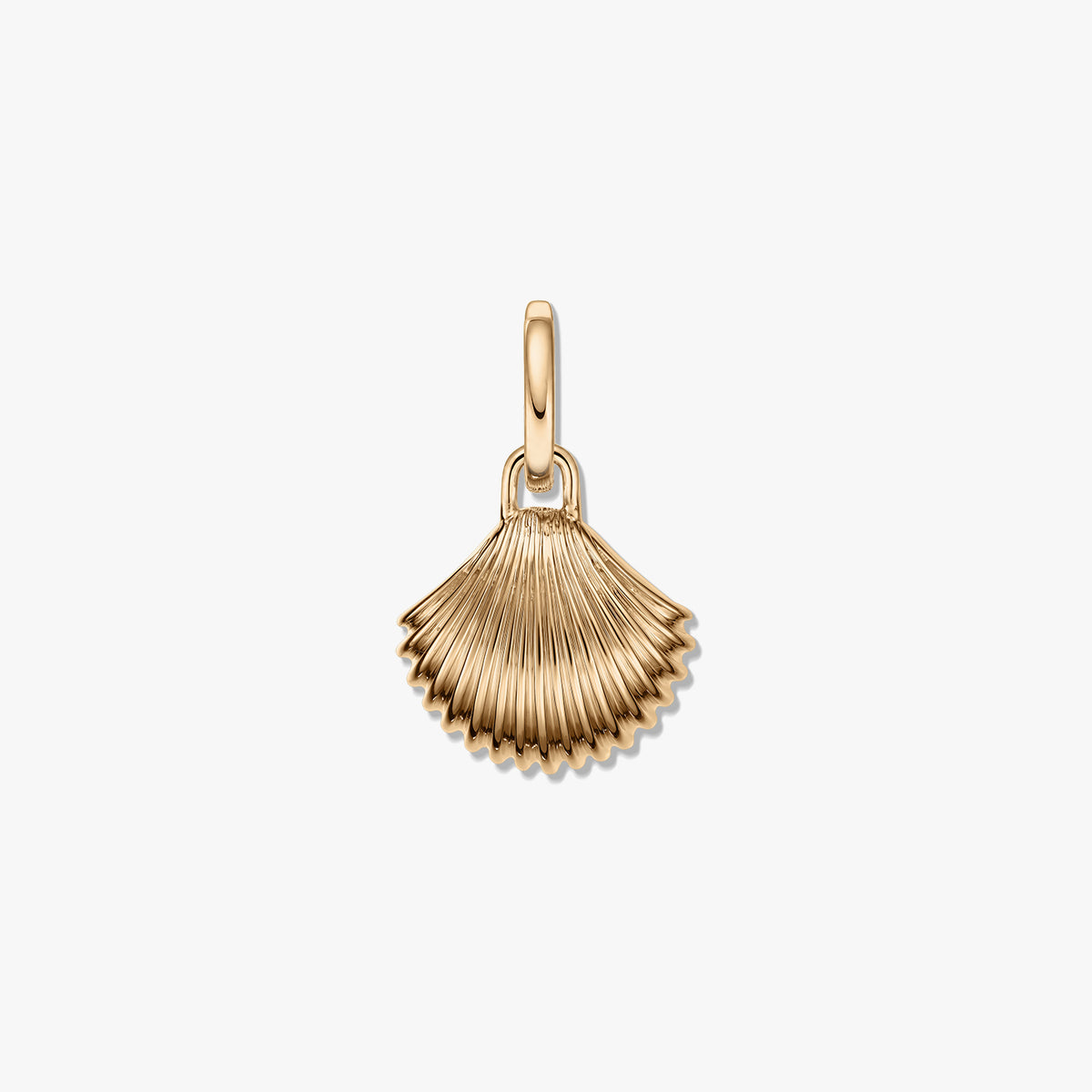Pendente in argento a forma di conchiglia dorata con ventaglio scanalato e finitura lucida su sfondo bianco.