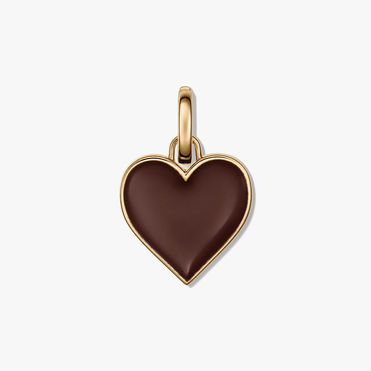 Ciondolo a forma di cuore in argento sterling (925) con centro smaltato marrone liscio e anello lucido, isolato su sfondo bianco.