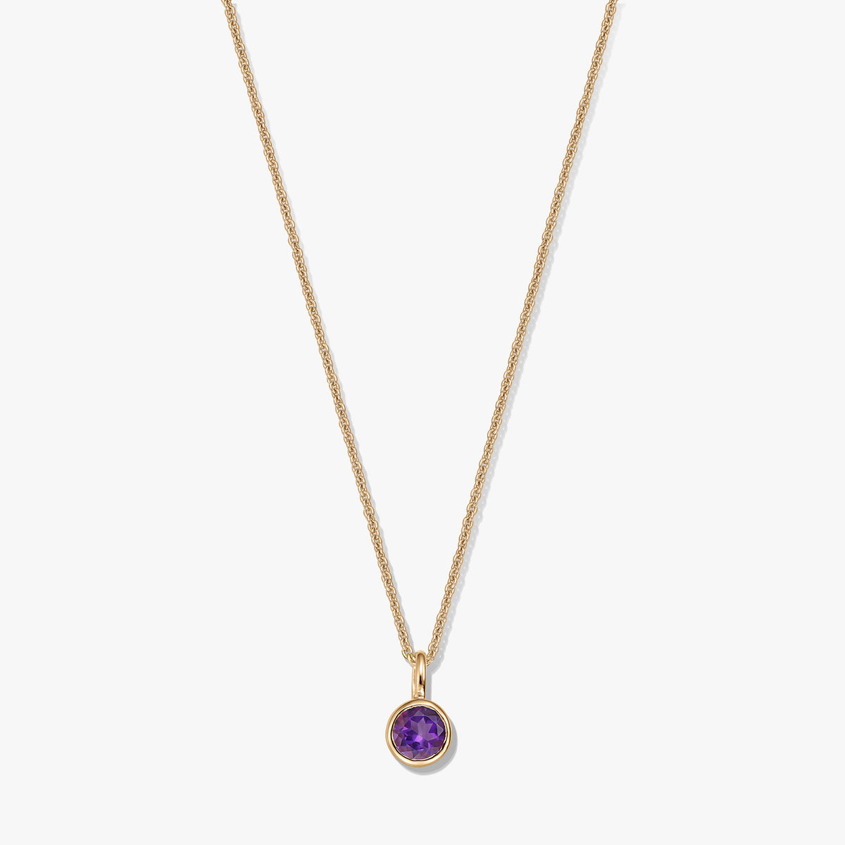 Collana in argento sterling placcato oro con un piccolo pendente rotondo con ametista come pietra di nascita su sfondo bianco.