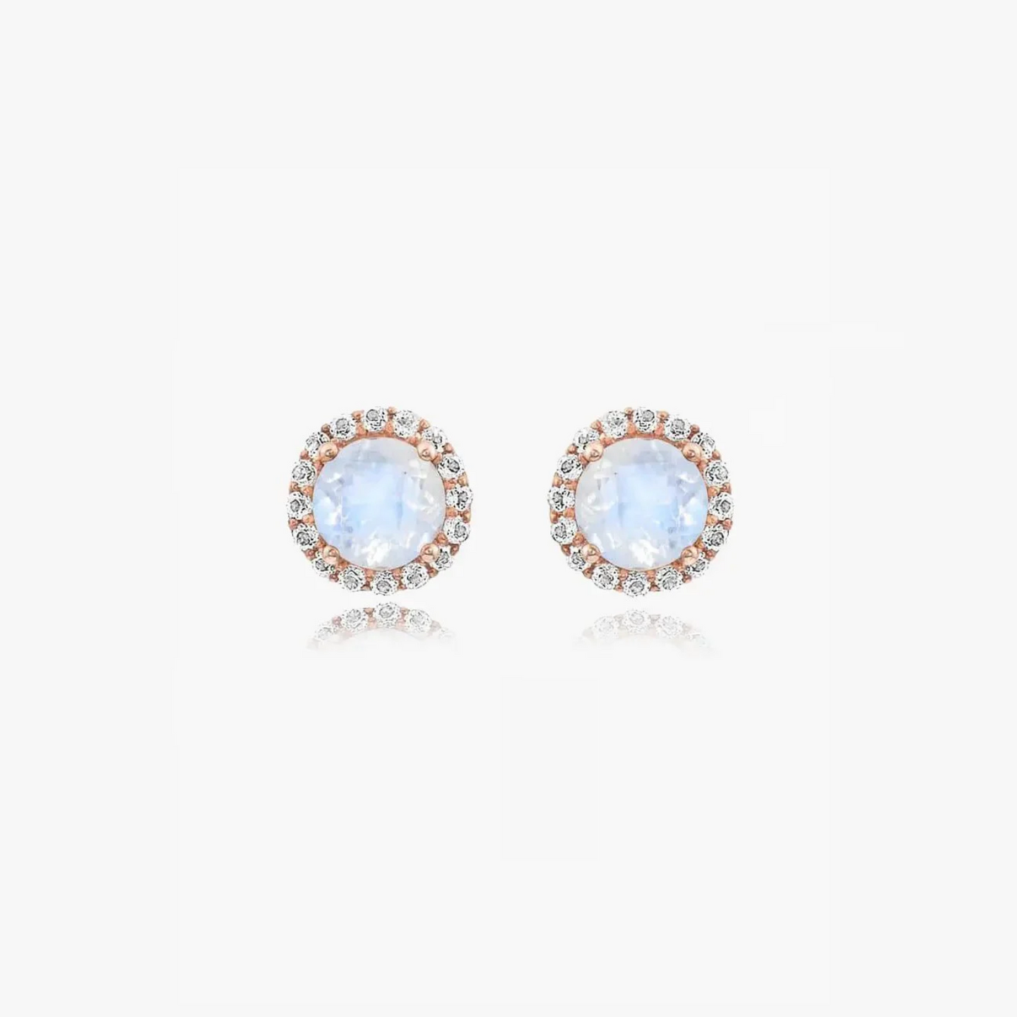 Orecchini Keira Rose in argento con pietra di luna e zirconio in montatura in oro rosa su sfondo bianco