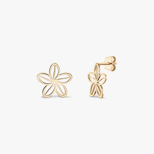 Coppia di orecchini Wildflower Gold — orecchini a lobo in oro giallo 14K traforati a fiore a cinque petali, mostrati in vista frontale e laterale su sfondo bianco.