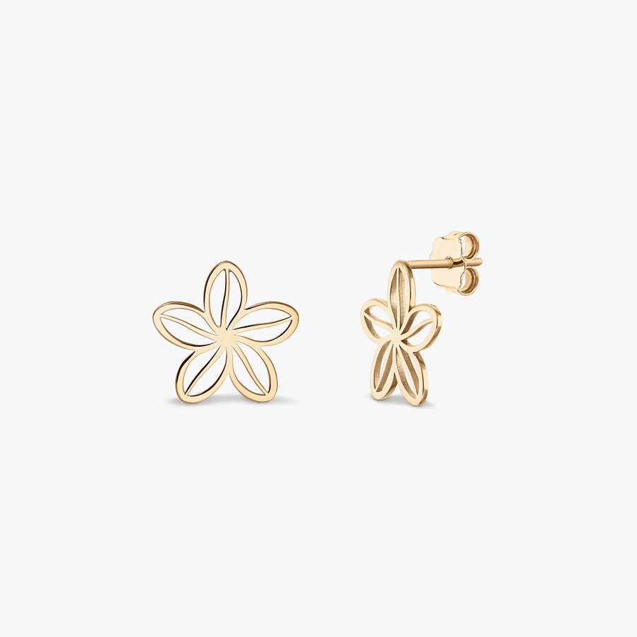 Coppia di orecchini Wildflower Gold — orecchini a lobo in oro giallo 14K traforati a fiore a cinque petali, mostrati in vista frontale e laterale su sfondo bianco.