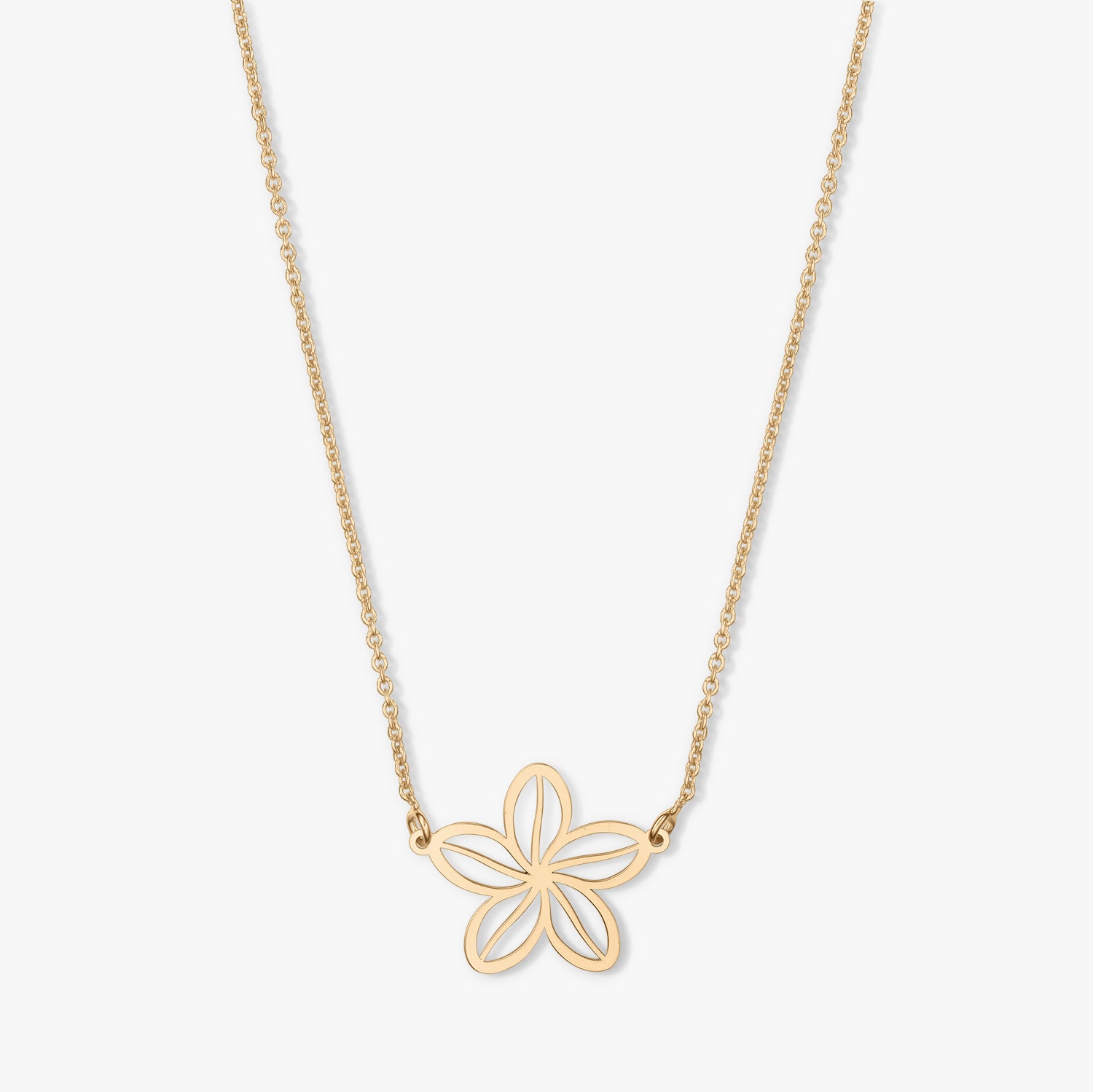 Collana d'oro con pendente a forma di fiore su sfondo bianco.