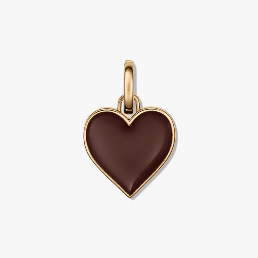 Ciondolo a forma di cuore in argento sterling (925) con centro smaltato marrone liscio e anello lucido, isolato su sfondo bianco.