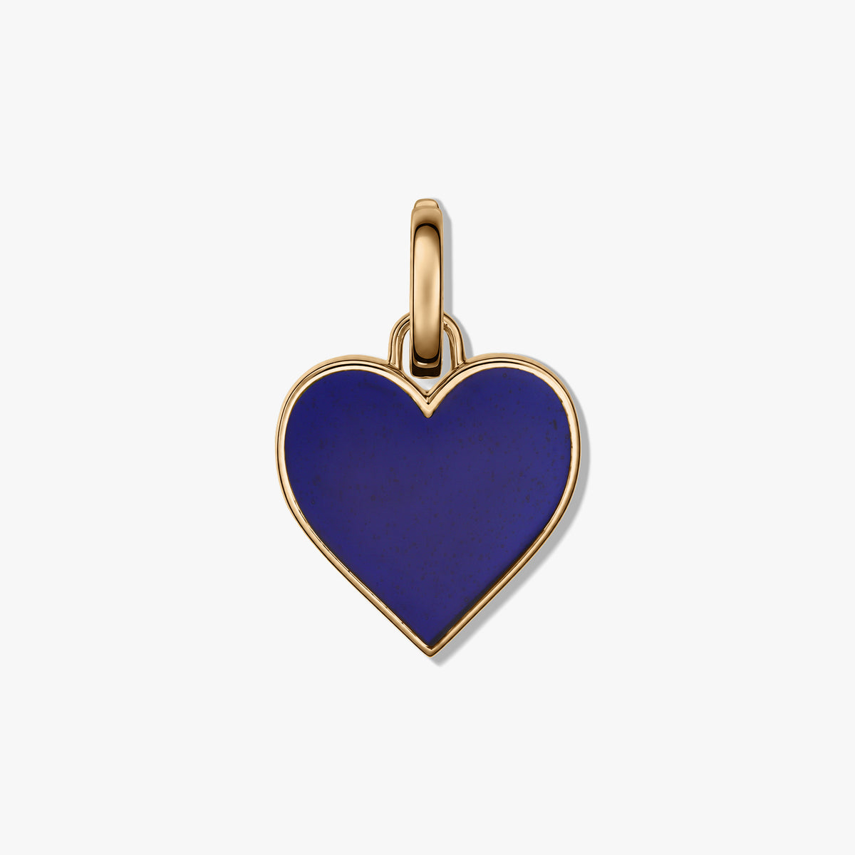 Pendente a forma di cuore blu con bordo e anello in tonalità oro su sfondo bianco.