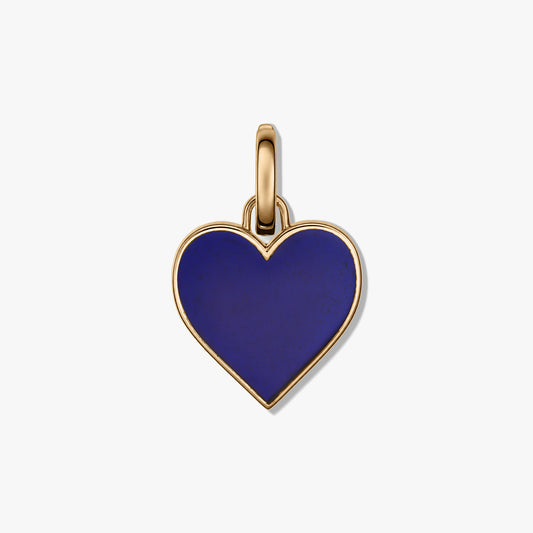 Pendente a forma di cuore blu con bordo e anello in tonalità oro su sfondo bianco.