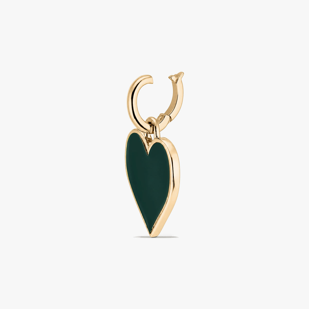 Ciondolo a forma di cuore in argento sterling placcato rodio con un inserto verde scuro, fotografato su sfondo bianco.