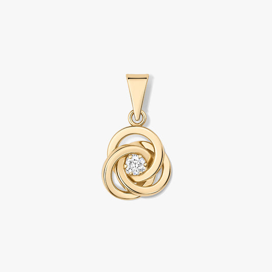 Ciondolo Eternal Knot in oro, con anelli intrecciati in oro giallo e pietra centrale rotonda trasparente, su sfondo bianco.