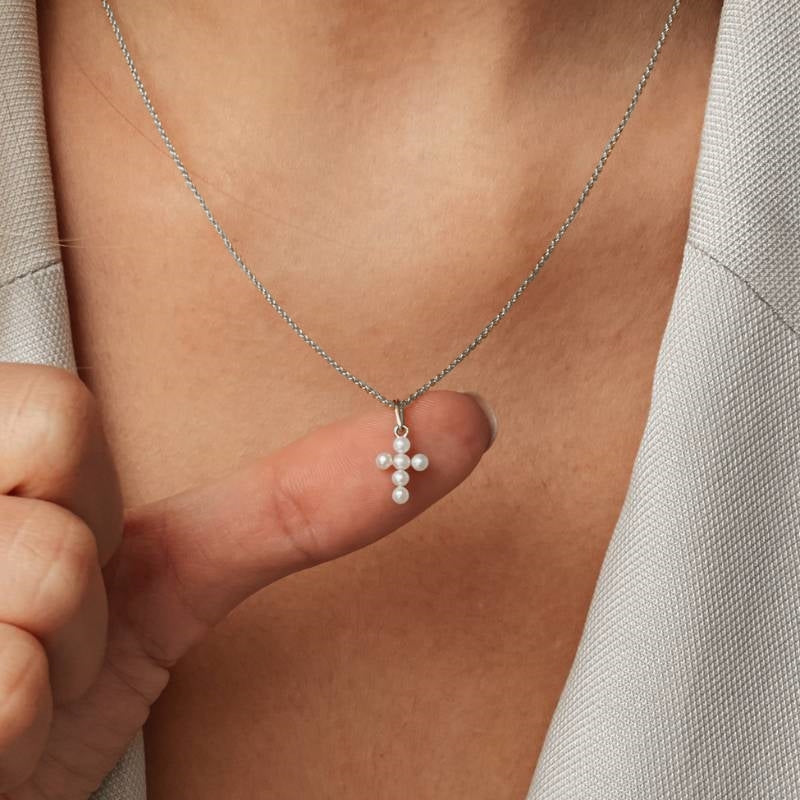 Ciondolo in oro bianco Pearl Cross - Perle Naturali - Indira
