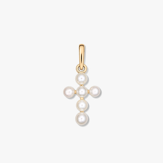 Ciondolo in oro con croce composta da piccole perle naturali bianche e rotonde, con contromaglia in oro giallo, su sfondo bianco pulito.