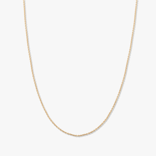 Collana a catena minimal in oro giallo 14K su sfondo bianco uniforme.