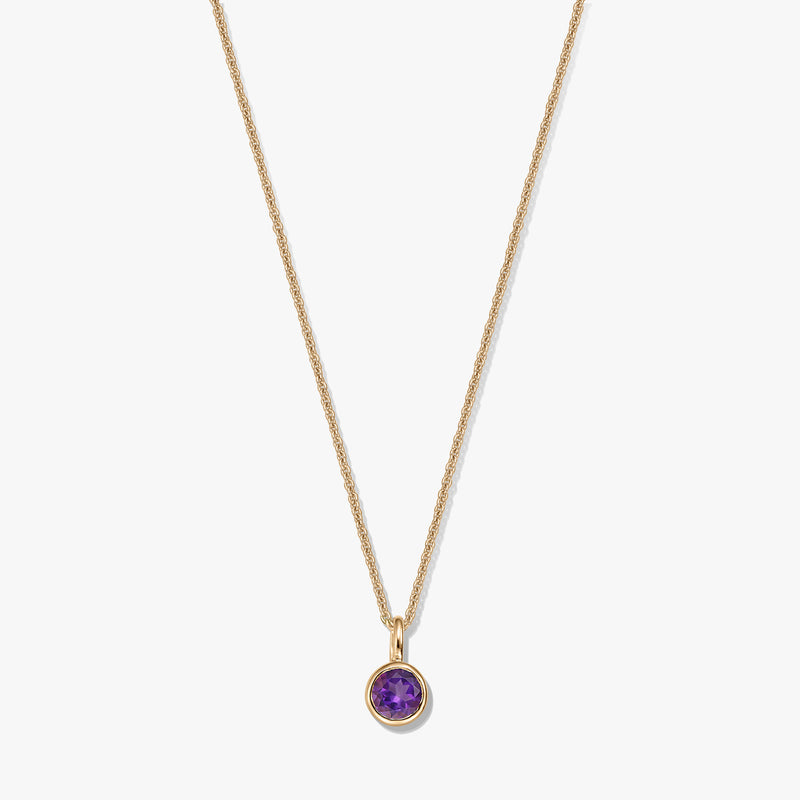 Collana in argento sterling placcato oro con un piccolo pendente rotondo con ametista come pietra di nascita su sfondo bianco.