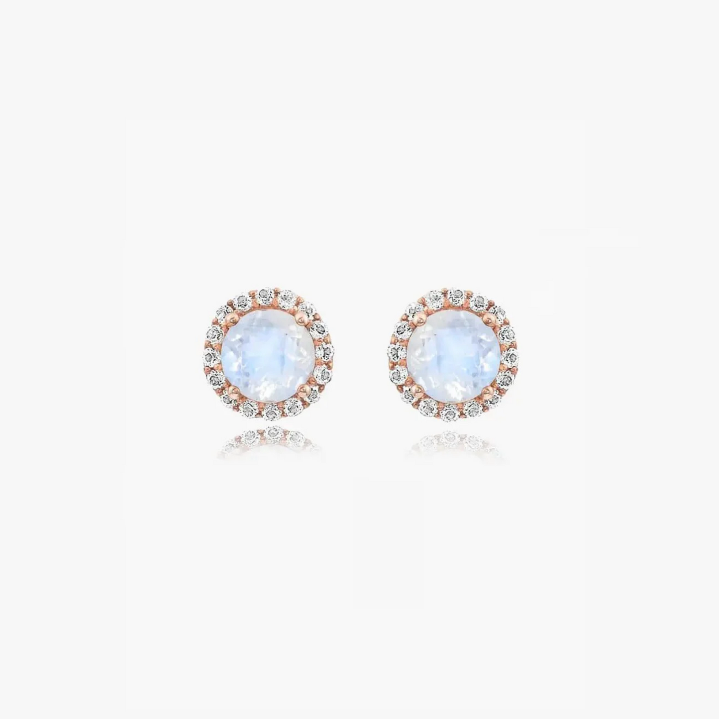 Orecchini Keira Rose in argento con pietra di luna e zirconio in montatura in oro rosa su sfondo bianco
