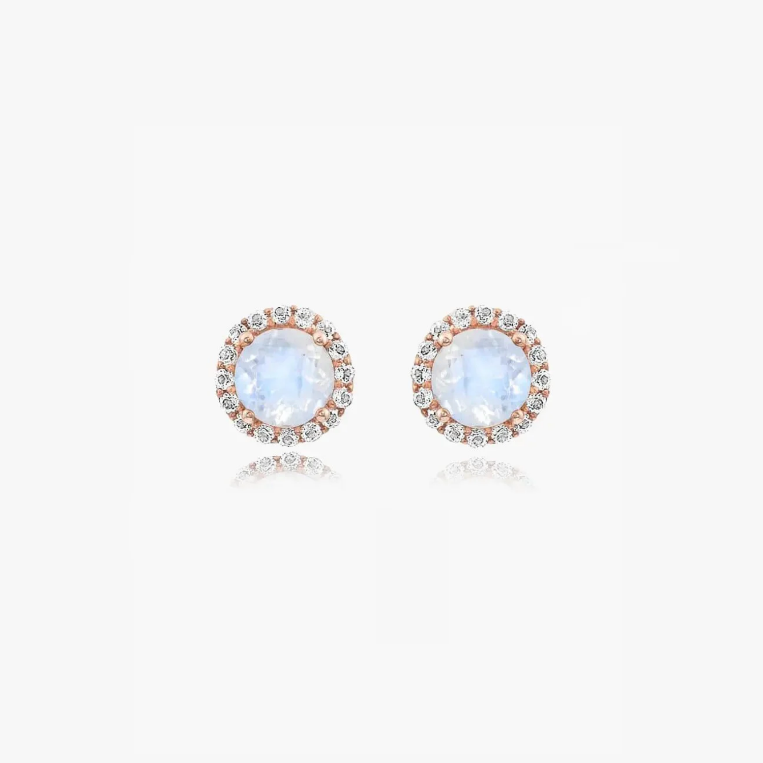 Orecchini Keira Rose in argento con pietra di luna e zirconio in montatura in oro rosa su sfondo bianco