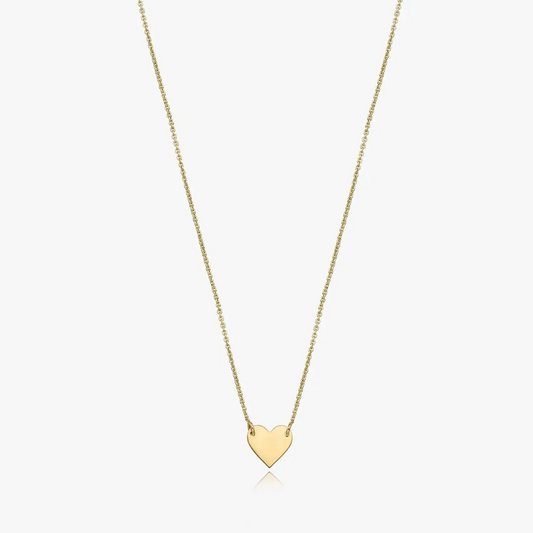 Collana in oro 14K con ciondolo a forma di cuore su sfondo bianco.
